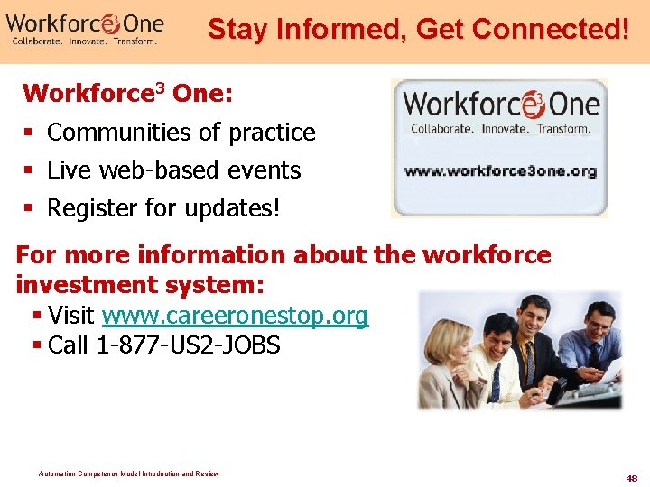 Stay Informed, Get Connected! Workforce 3 One: § Communities of practice § Live web-based