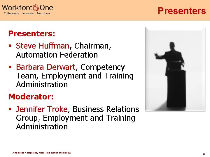 Presenters: § Steve Huffman, Chairman, Automation Federation § Barbara Derwart, Competency Team, Employment and