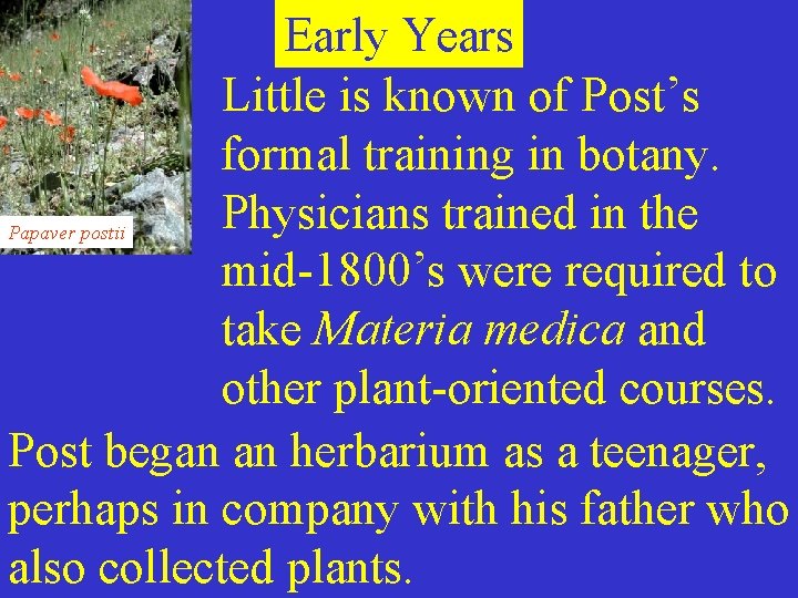 Early Years Little is known of Post’s formal training in botany. Physicians trained in