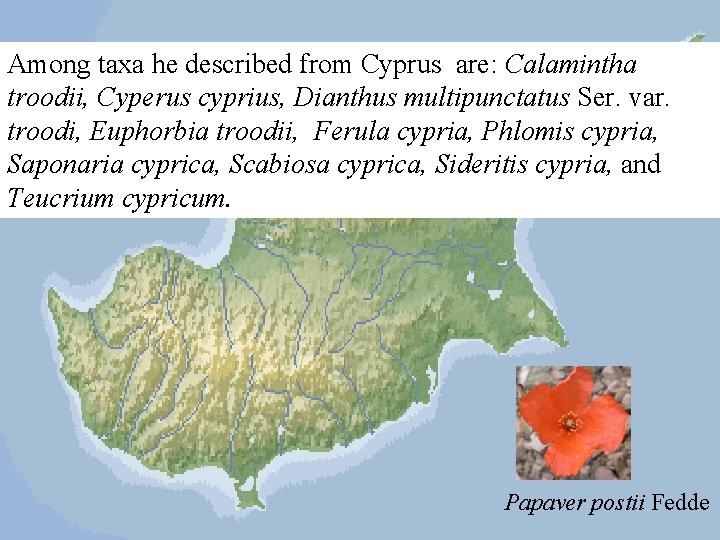 Among taxa he described from Cyprus are: Calamintha troodii, Cyperus cyprius, Dianthus multipunctatus Ser.