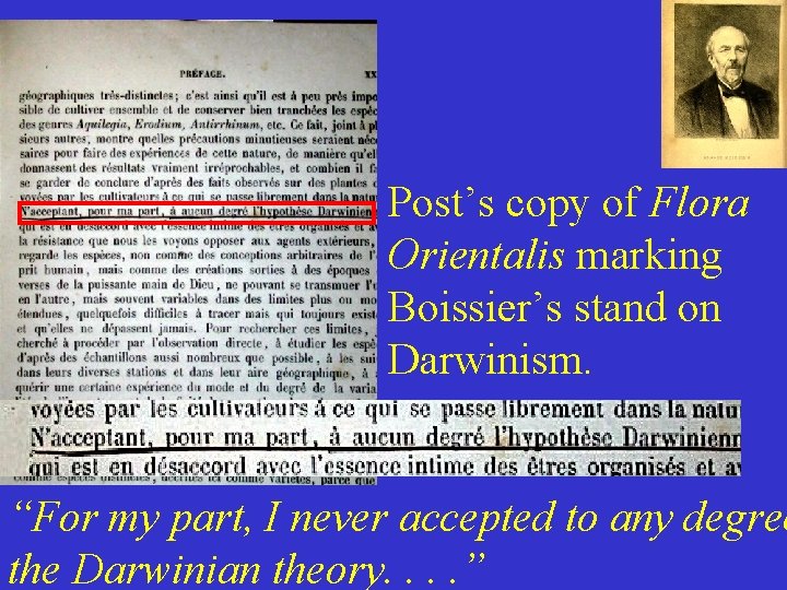 Post’s copy of Flora Orientalis marking Boissier’s stand on Darwinism. “For my part, I