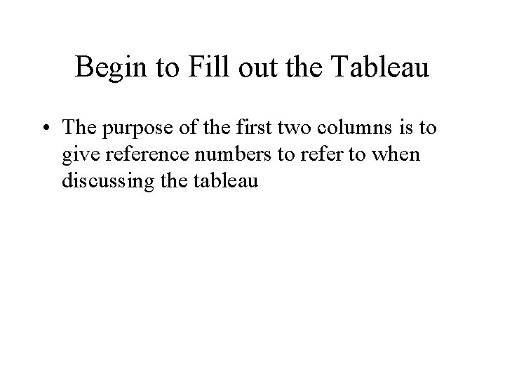 Begin to Fill out the Tableau • The purpose of the first two columns