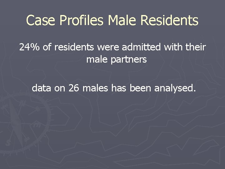 Case Profiles Male Residents 24% of residents were admitted with their male partners data