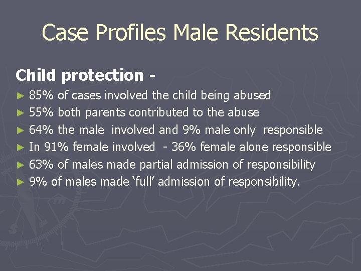 Case Profiles Male Residents Child protection 85% of cases involved the child being abused