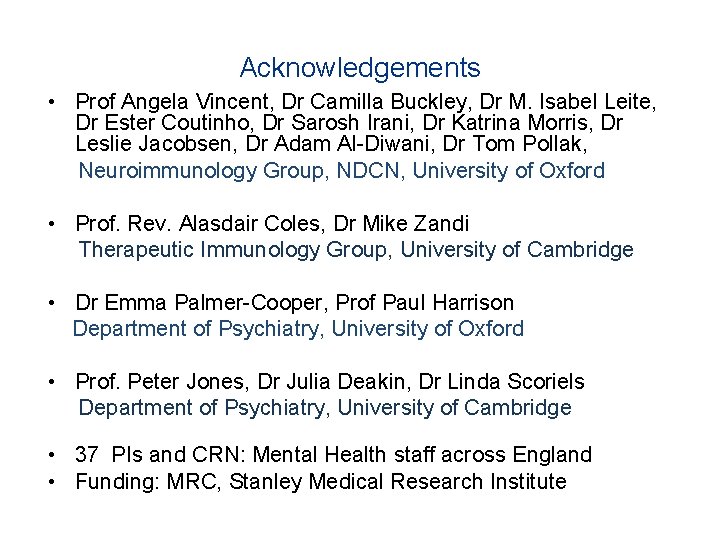 Acknowledgements • Prof Angela Vincent, Dr Camilla Buckley, Dr M. Isabel Leite, Dr Ester