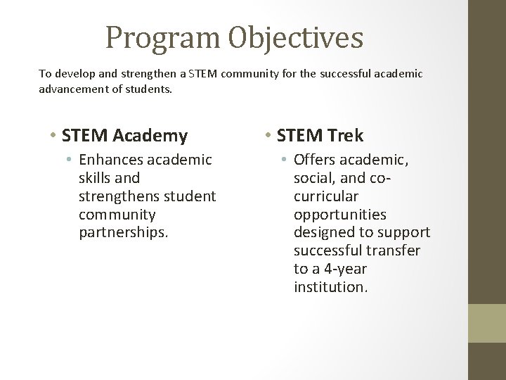 Program Objectives To develop and strengthen a STEM community for the successful academic advancement