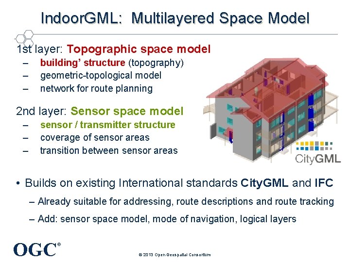 Indoor. GML: Multilayered Space Model 1 st layer: Topographic space model – – –