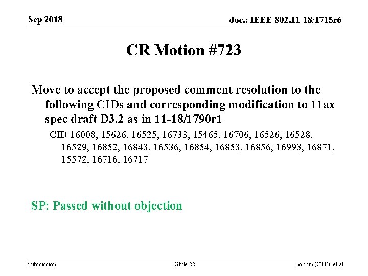 Sep 2018 doc. : IEEE 802. 11 -18/1715 r 6 CR Motion #723 Move