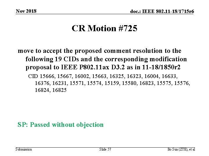 Nov 2018 doc. : IEEE 802. 11 -18/1715 r 6 CR Motion #725 move