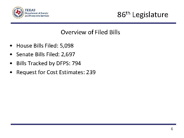86 th Legislature Overview of Filed Bills • • House Bills Filed: 5, 098