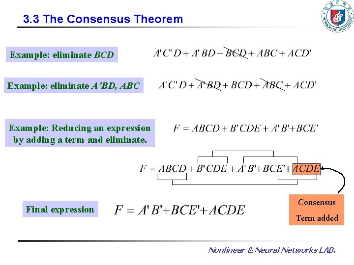 3. 3 The Consensus Theorem Example: eliminate BCD Example: eliminate A’BD, ABC Example: Reducing