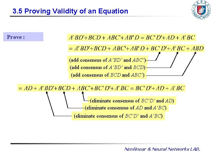 3. 5 Proving Validity of an Equation Prove : (add consensus of A’BD’ and