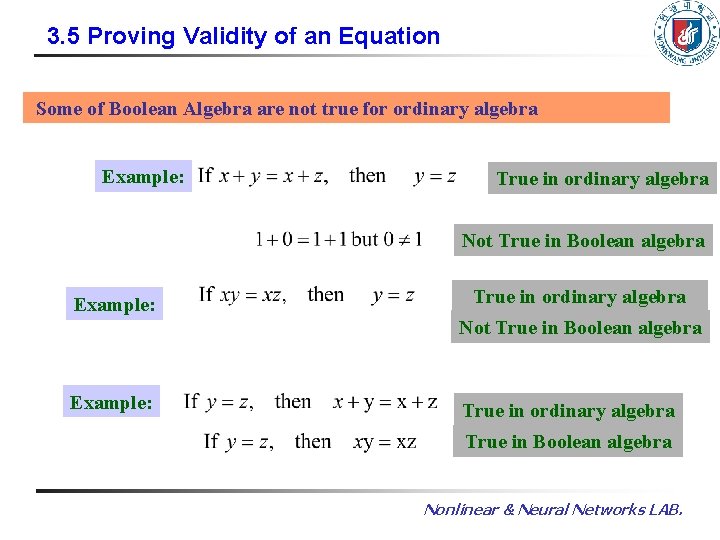 3. 5 Proving Validity of an Equation Some of Boolean Algebra are not true