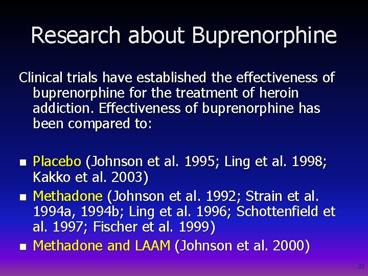 Research about Buprenorphine Clinical trials have established the effectiveness of buprenorphine for the treatment