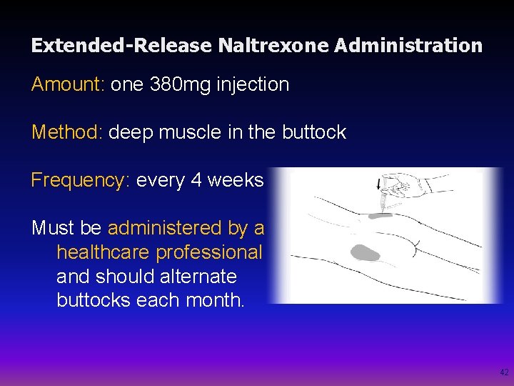 Extended-Release Naltrexone Administration Amount: one 380 mg injection Method: deep muscle in the buttock
