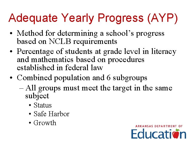 Adequate Yearly Progress (AYP) • Method for determining a school’s progress based on NCLB