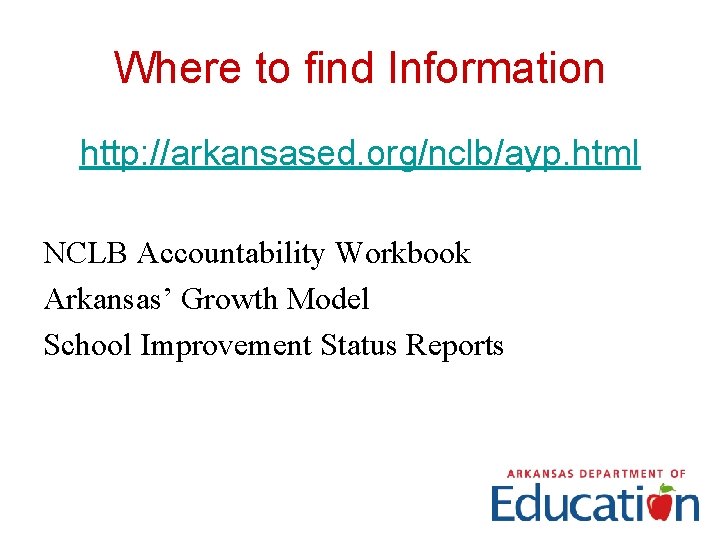 Where to find Information http: //arkansased. org/nclb/ayp. html NCLB Accountability Workbook Arkansas’ Growth Model