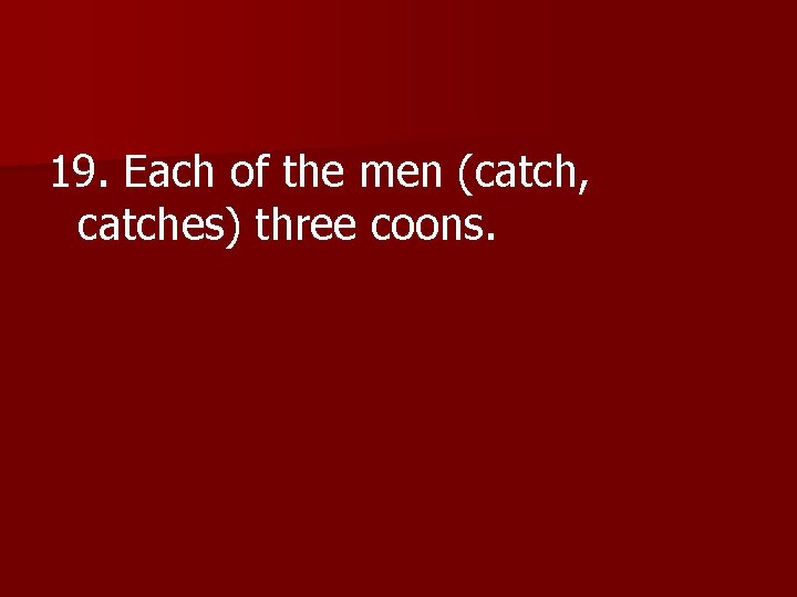 19. Each of the men (catch, catches) three coons. 