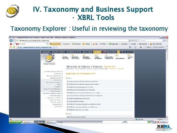 IV. Taxonomy and Business Support · XBRL Tools Taxonomy Explorer : Useful in reviewing