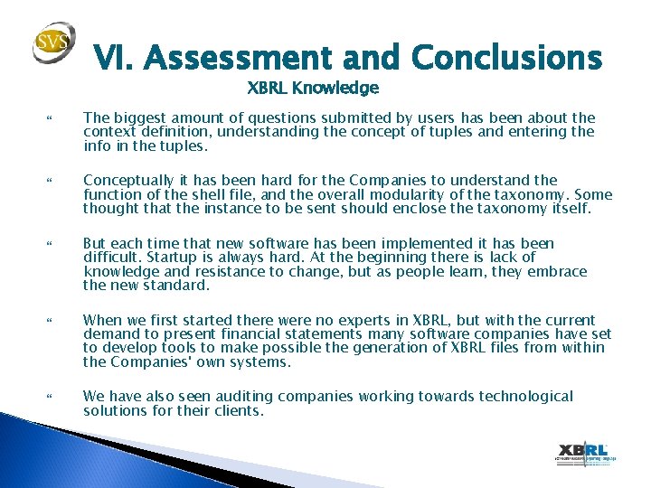 VI. Assessment and Conclusions XBRL Knowledge The biggest amount of questions submitted by users