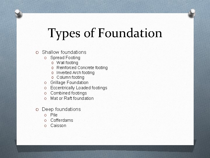 Types of Foundation O Shallow foundations O Spread Footing O O O O Wall