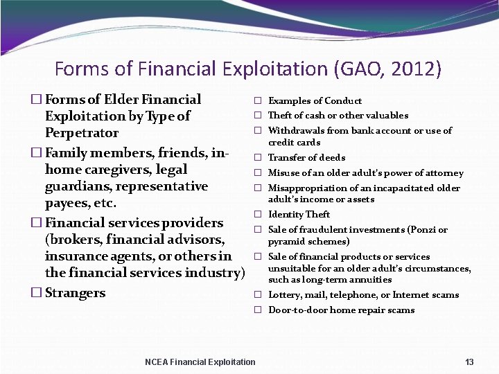 Forms of Financial Exploitation (GAO, 2012) � Forms of Elder Financial Exploitation by Type