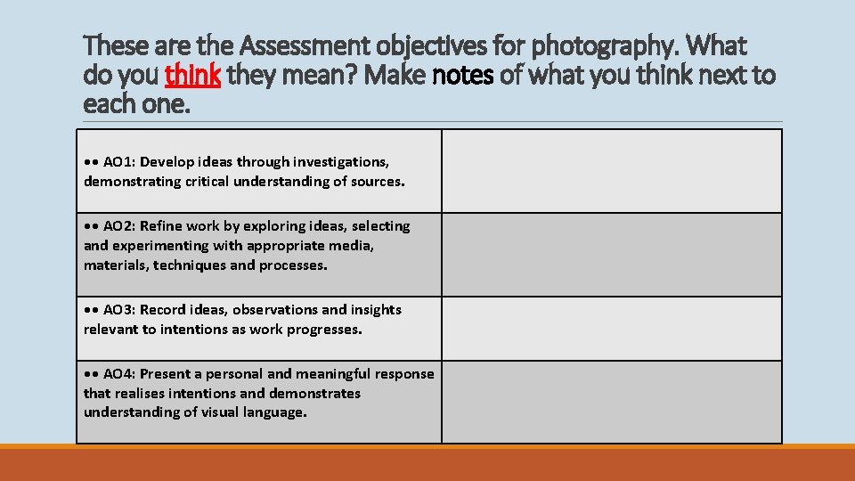 These are the Assessment objectives for photography. What do you think they mean? Make