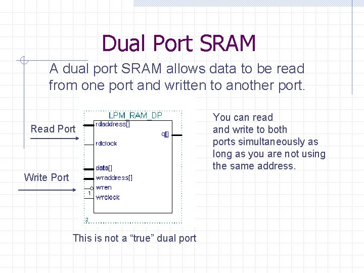 Dual Port SRAM A dual port SRAM allows data to be read from one