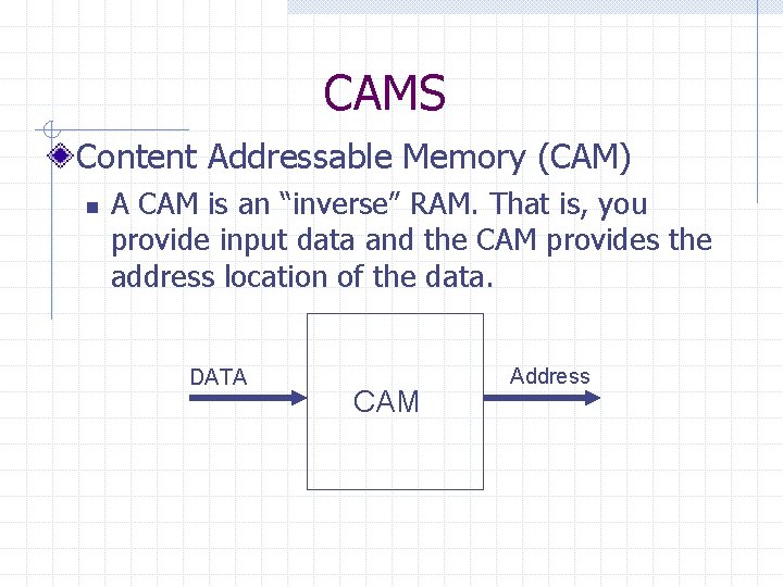 CAMS Content Addressable Memory (CAM) n A CAM is an “inverse” RAM. That is,