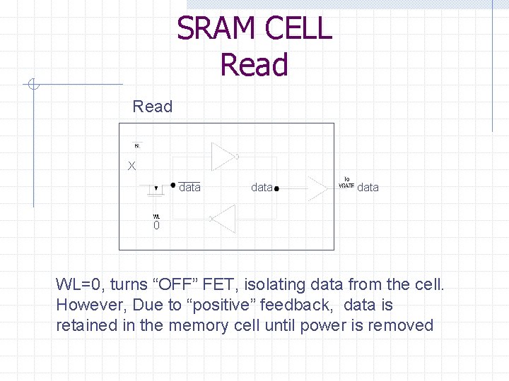 SRAM CELL Read X data 0 WL=0, turns “OFF” FET, isolating data from the
