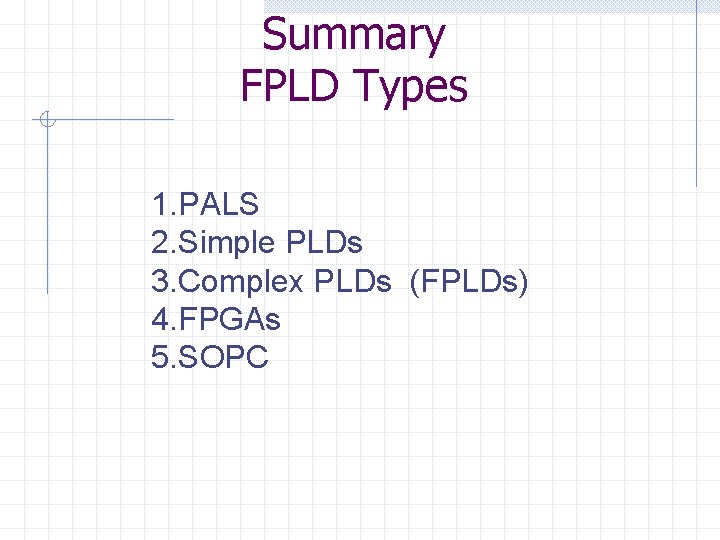 Summary FPLD Types 1. PALS 2. Simple PLDs 3. Complex PLDs (FPLDs) 4. FPGAs