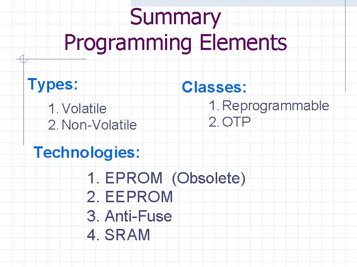 Summary Programming Elements Types: Classes: 1. Volatile 2. Non-Volatile 1. Reprogrammable 2. OTP Technologies: