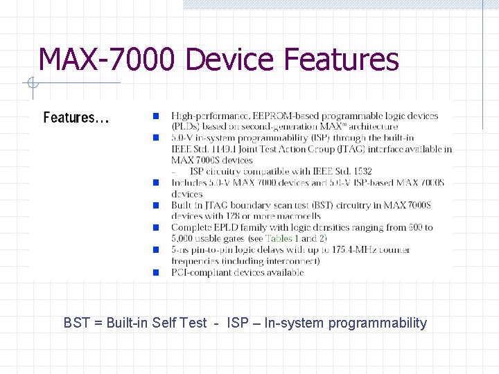 MAX-7000 Device Features BST = Built-in Self Test - ISP – In-system programmability 