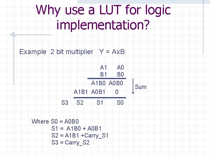 Why use a LUT for logic implementation? Example 2 bit multiplier Y = Ax.