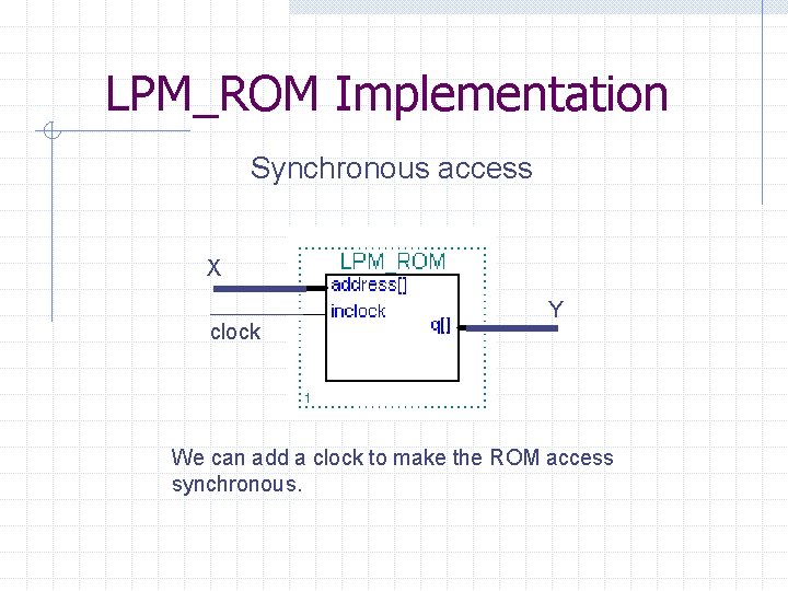 LPM_ROM Implementation Synchronous access X clock Y We can add a clock to make