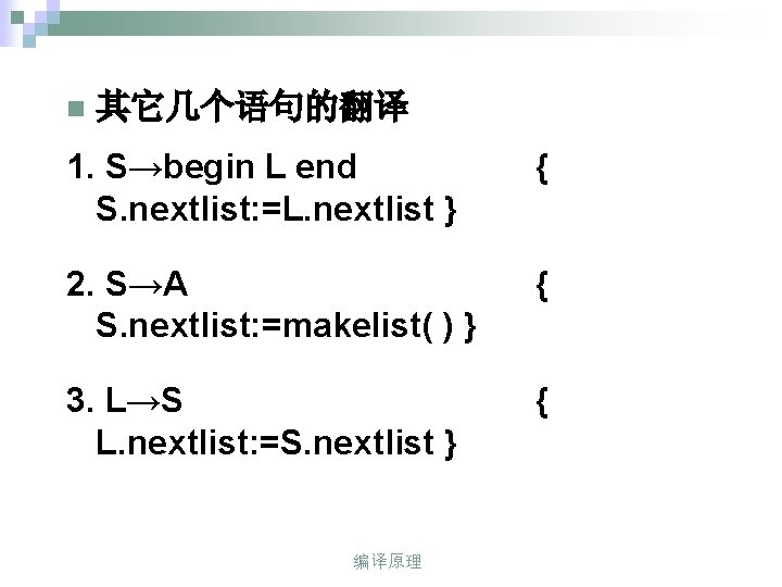 n 其它几个语句的翻译 1. S→begin L end S. nextlist: =L. nextlist } { 2. S→A