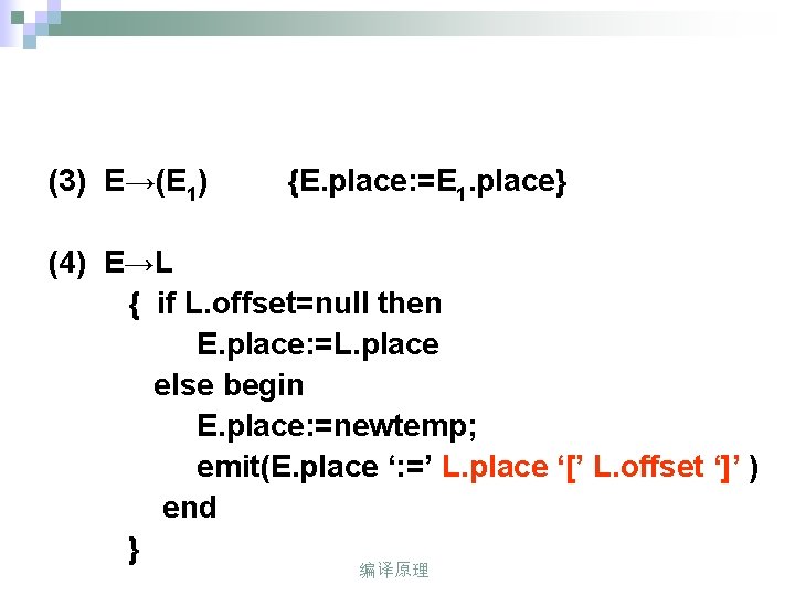 (3) E→(E 1) {E. place: =E 1. place} (4) E→L { if L. offset=null
