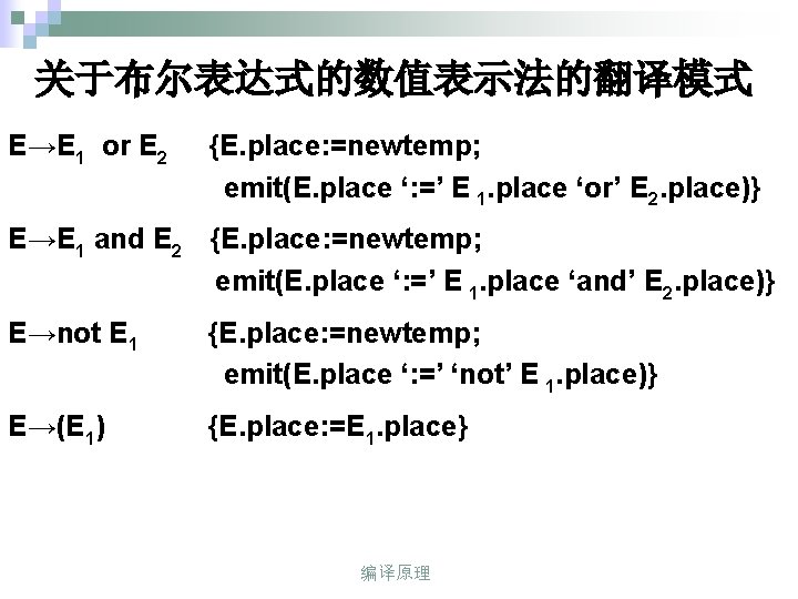 关于布尔表达式的数值表示法的翻译模式 E→E 1 or E 2 {E. place: =newtemp; emit(E. place ‘: =’ E