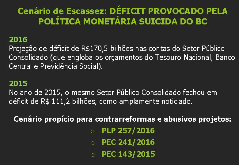 Cenário de Escassez: DÉFICIT PROVOCADO PELA POLÍTICA MONETÁRIA SUICIDA DO BC 2016 Projeção de