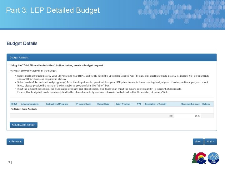 Part 3: LEP Detailed Budget 21 