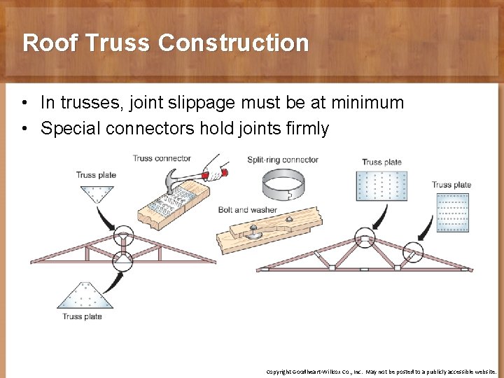 Roof Truss Construction • In trusses, joint slippage must be at minimum • Special