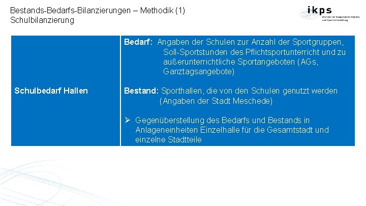 Bestands-Bedarfs-Bilanzierungen – Methodik (1) Schulbilanzierung Bedarf: Angaben der Schulen zur Anzahl der Sportgruppen, Soll-Sportstunden