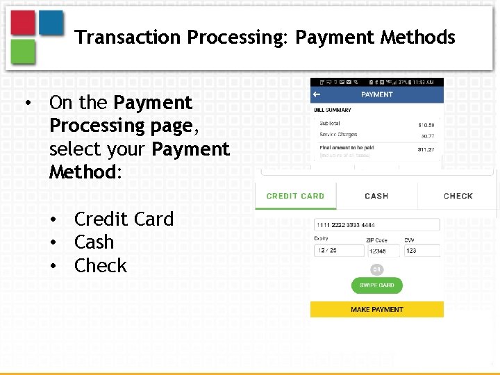 Transaction Processing: Payment Methods • On the Payment Processing page, select your Payment Method: