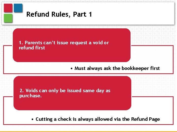 Refund Rules, Part 1 1. Parents can’t issue request a void or refund first