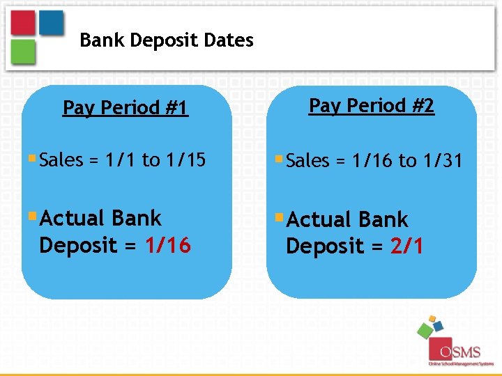 Bank Deposit Dates Pay Period #1 Pay Period #2 § Sales = 1/1 to