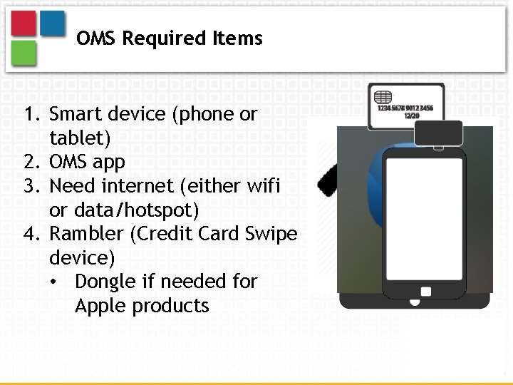 OMS Required Items 1. Smart device (phone or tablet) 2. OMS app 3. Need