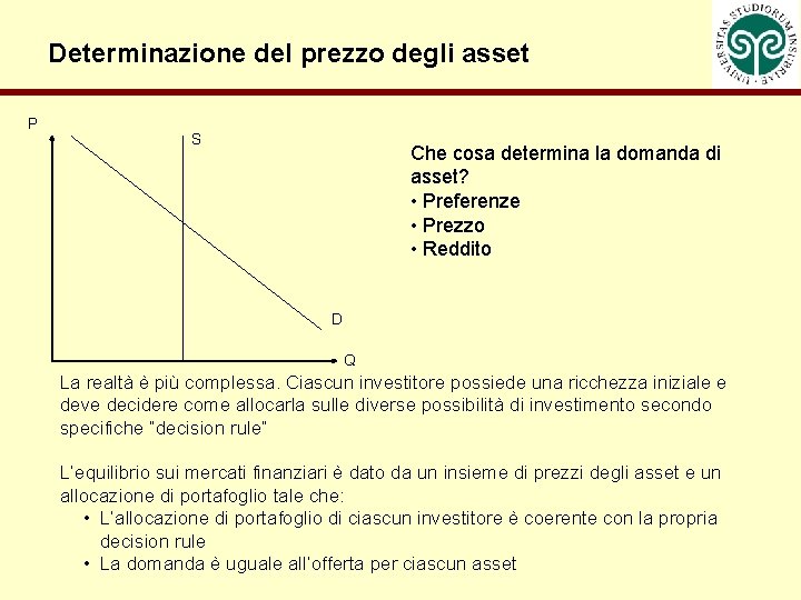 Determinazione del prezzo degli asset P S Che cosa determina la domanda di asset?