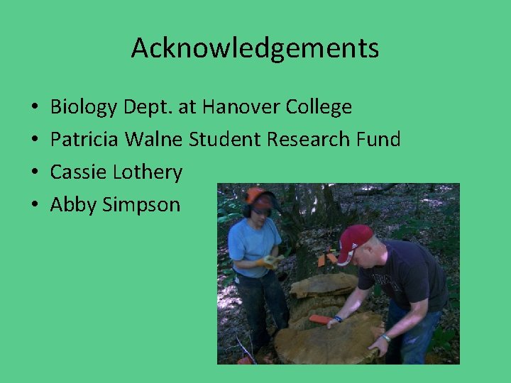 Acknowledgements • • Biology Dept. at Hanover College Patricia Walne Student Research Fund Cassie