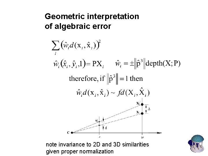 Geometric interpretation of algebraic error note invariance to 2 D and 3 D similarities