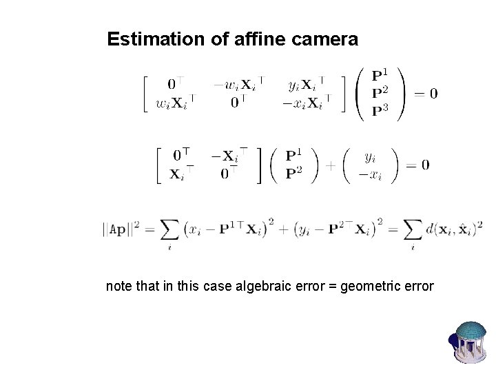 Estimation of affine camera note that in this case algebraic error = geometric error